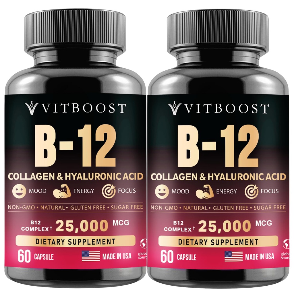 B12 含Hyaluronic Acid、Collagen和Folate的甲基Cobalamin – 25000 mcg 补充剂 增强吸收和布尔能源 → 无糖无糖,美国制造,B1,B2,B3,B6,B7 复合体 - 包2