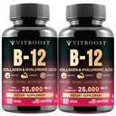 B12 含Hyaluronic Acid、Collagen和Folate的甲基Cobalamin – 25000 mcg 补充剂 增强吸收和布尔能源 → 无糖无糖,美国制造,B1,B2,B3,B6,B7 复合体 - 包2