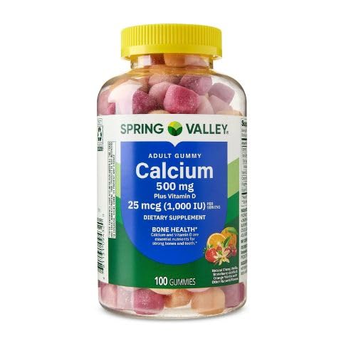 春谷钙 500 mg + 维生素 D 25 mcg Bone 健康饮食补充剂 Gummys, 100 Count + DRI Store 粘贴剂.