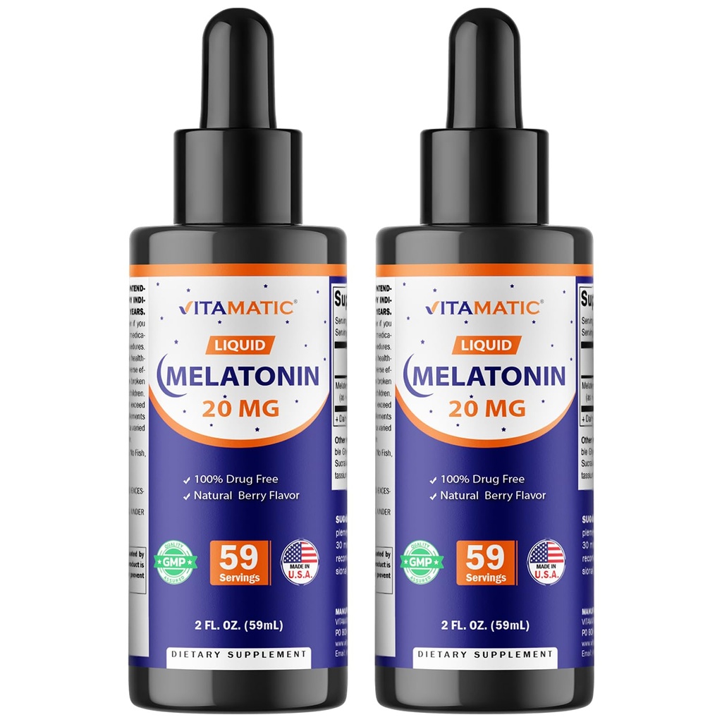 Vitamatic 2- Pack Melatonin 20mg 液体滴 - 2 fl oz (59 ml) 每个 - 天然贝里火焰 - 非GMO, 成人蔬菜补充剂