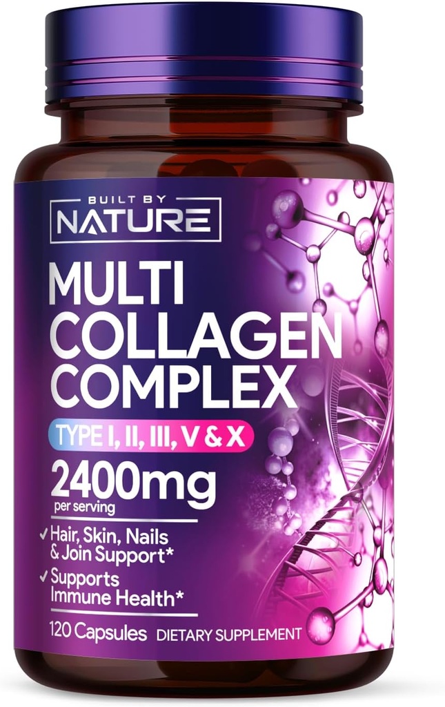 由自然科拉根药丸(Nature Collagen Peptides Complex for Women)制造 – 多科拉根佩普提斯复合物 – 型号为I,II,III,V,X 用于头发,皮肤,钉子,关节和骨质健康 – 水解,草-Fed - 120 Capsules