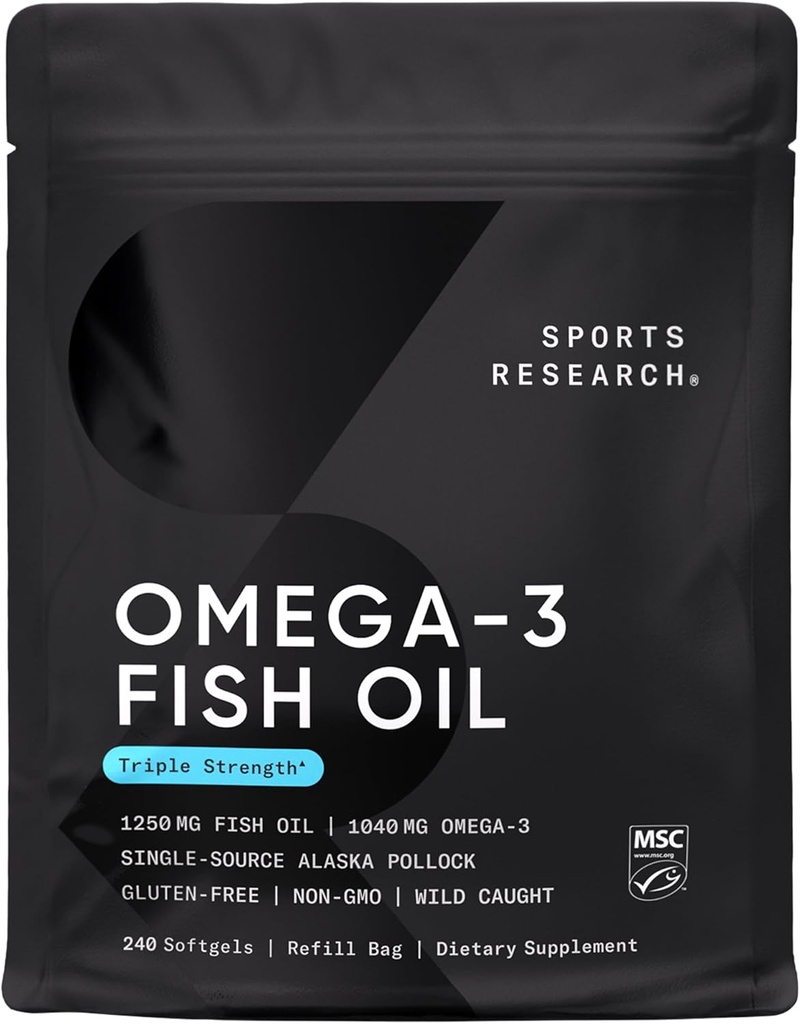 体育研究 三重力量 Omega 3 鱼油 - 无鱼油补充 w/EPA & DHA 来自野生阿拉斯加波洛克的脂肪酸 - 对男女的心脏,脑和免疫支持 - 1,250毫克,240厘米