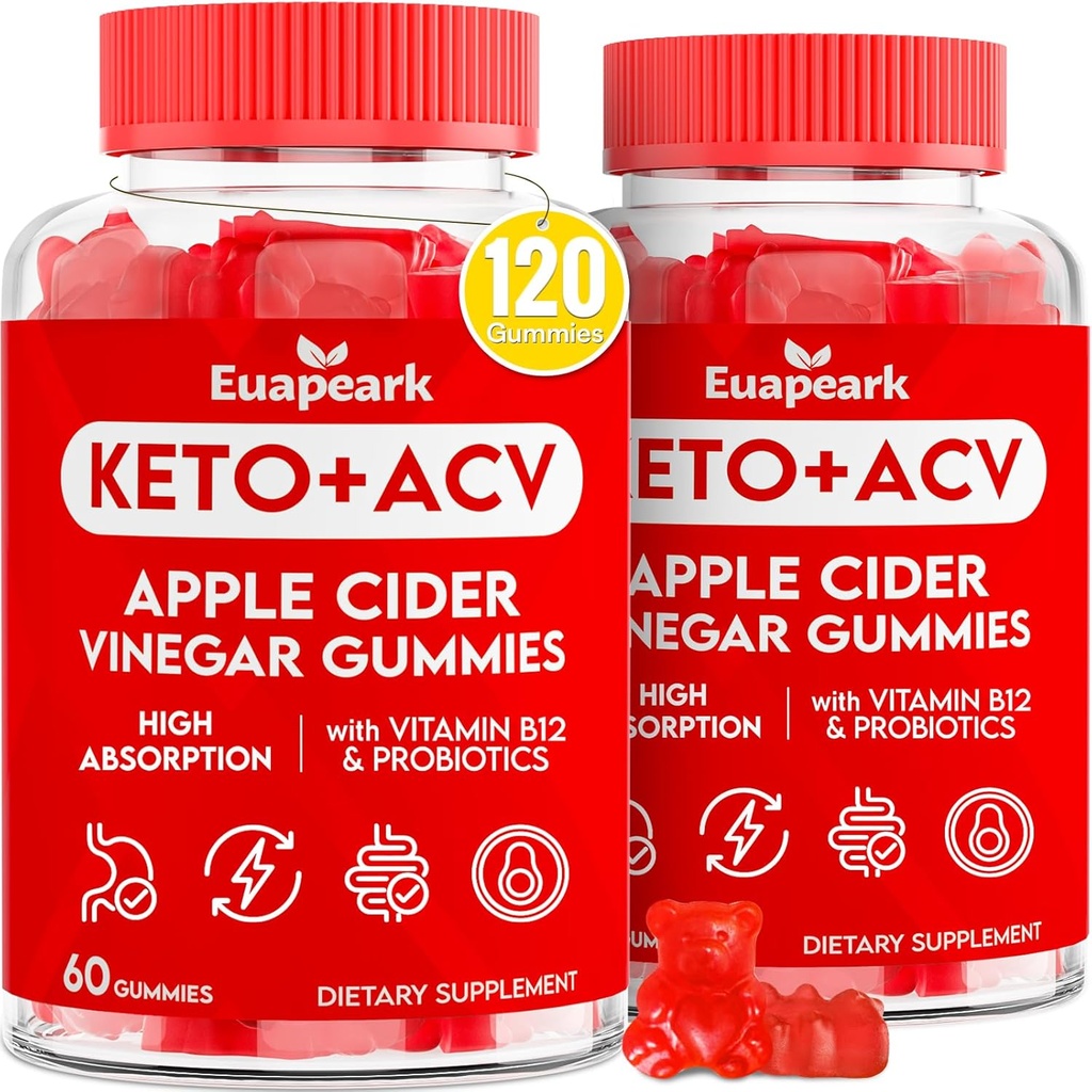 Apple Cider Vinegar Gummys, Keto ACV Gummys with Probiotics, Vitamin B12 & Keto Support, 2000 毫克 ACV with Mother for Digestion, Metabolism, Cleanse & Detox Det, Vegan, Low Sugar, 120 Cons