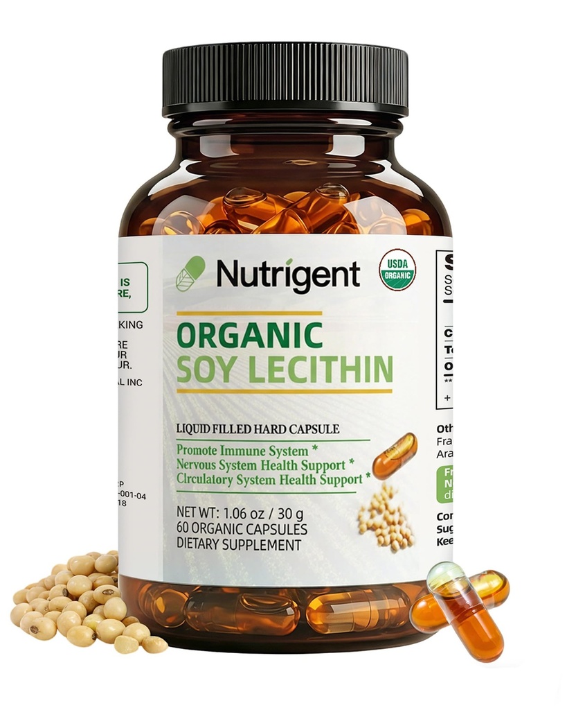 USDA 有机酸盐补充剂 800 mg, 高吸附液 有机卡普尔, Choline Lecithin 脑和肝健康支持补充剂, Non-GMO, Gluten Free, 60 Counter