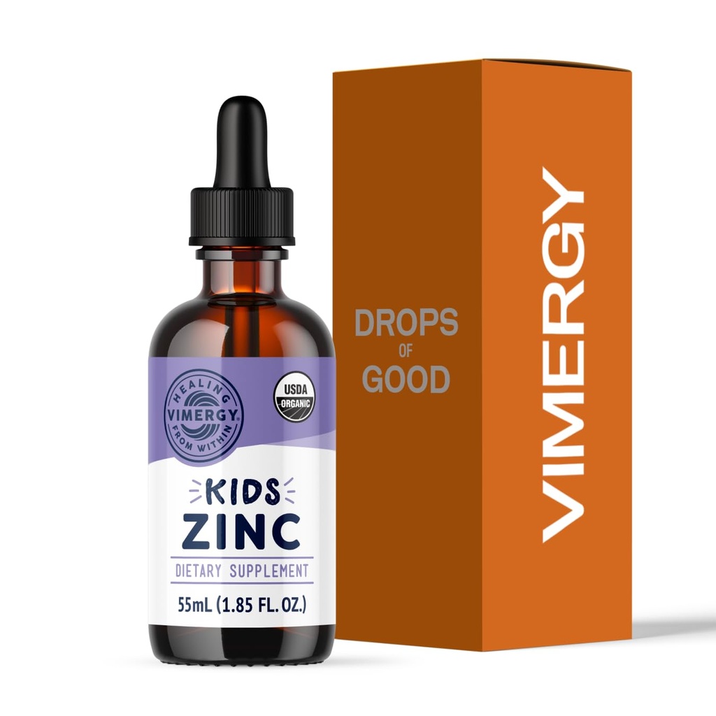 VIMERGY Kids USDA有机液体锌硫酸盐 — — 对1-18岁的儿童和青少年,快速吸附免疫支持 — — 推广健康骨骼、头发和皮肤。
