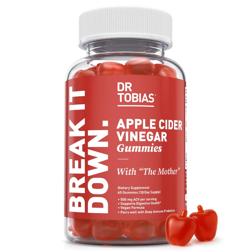 Tobias Apple Cider Vinegar Gummys博士与《母亲》,每期500mgACV, Plus Folate, B6, B12 & Iodine, 支持消化健康, Gut Cleanse & Detox, Vegan, 60 Gummys