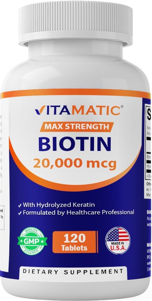维生素高活性生物素 20000 mcg(20mg) 配有 Keratin 100mg - 120 植物药片 - 成人健康毛皮和钉子的生物素补充(120 个计数(1包))