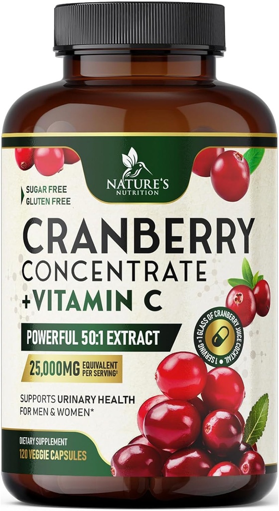 Cranberry 补充药剂 25,000mg - 女性和男性高感染性维生素C ranberry,尿道切克健康支持,无糖,无葡萄糖,非GMO,Cranberry 集中提取 - 120 Capsules