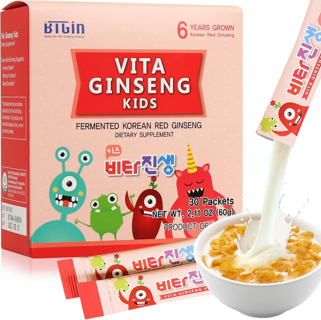 Vita Ginseng Kids, 维生素D, 锌, 7 Berries, 香蕉, 20种蔬菜, 奶粉用于免疫支持, 聚焦和记忆助推, 30 Packets (1Set)