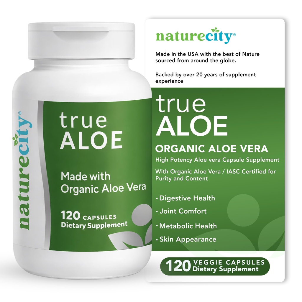 NatureCity True-Aloe Gut健康支持 – 80,000mg Aloe Vera Gel Equivalent per service – Organical Aloe Vera (120 Capsules) 用于消化,皮肤和联合支持 → 小型易吞丸