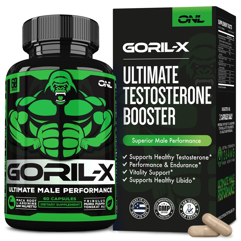 GORIL-X 男子睾丸酮助推器 - 工作睾丸酮补充剂 - 增加体积,强度和能量 - 1000mg 雄性增强黄蜂山羊杂草 - Maca Root, Tongkat Ali & Tribulus Terrestris 60 Caps
