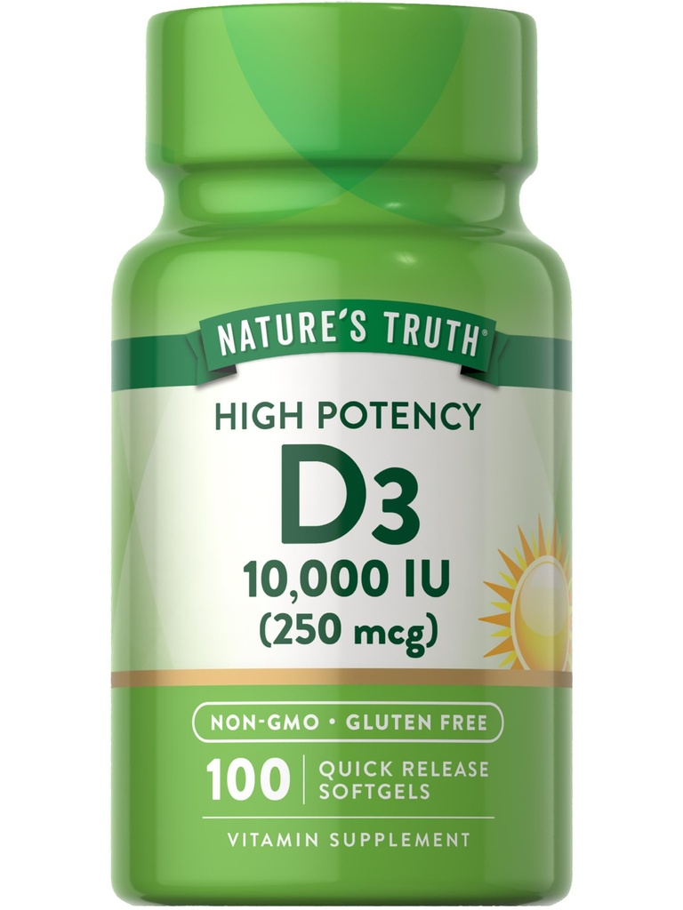 Nature's Truth D3 维生素10,000 IU Softgels Supplement | 100 Counter | 100  High 高潜力公式 | Non-GMO 和 Gluten Free