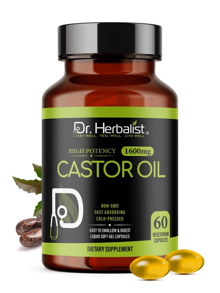 HERBALIST Castor Oil Capsules博士 - 每人1600毫克,60个计数 - 非GMO、快速吸附、蔬菜、冷椒和高概率 - 支持皮肤、毛发、天然氧化剂和消化健康