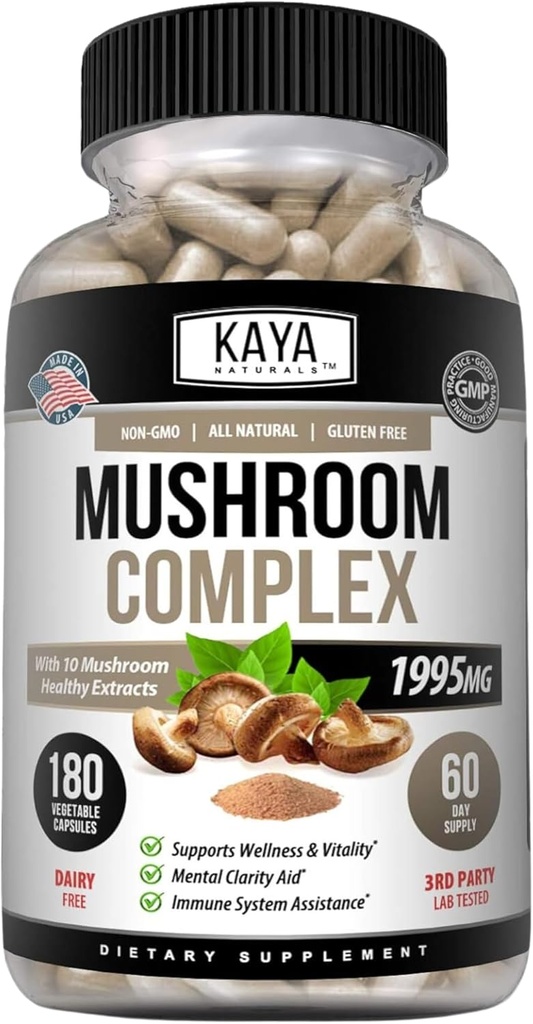 Kaya Naturals Premium Mushroom Complex Potent - 蘑菇补充剂 - Mushroom Complex Capsules 1995mg Per Service - Aids 精神清晰支持免疫系统,健康与生命力 - 180 Counter