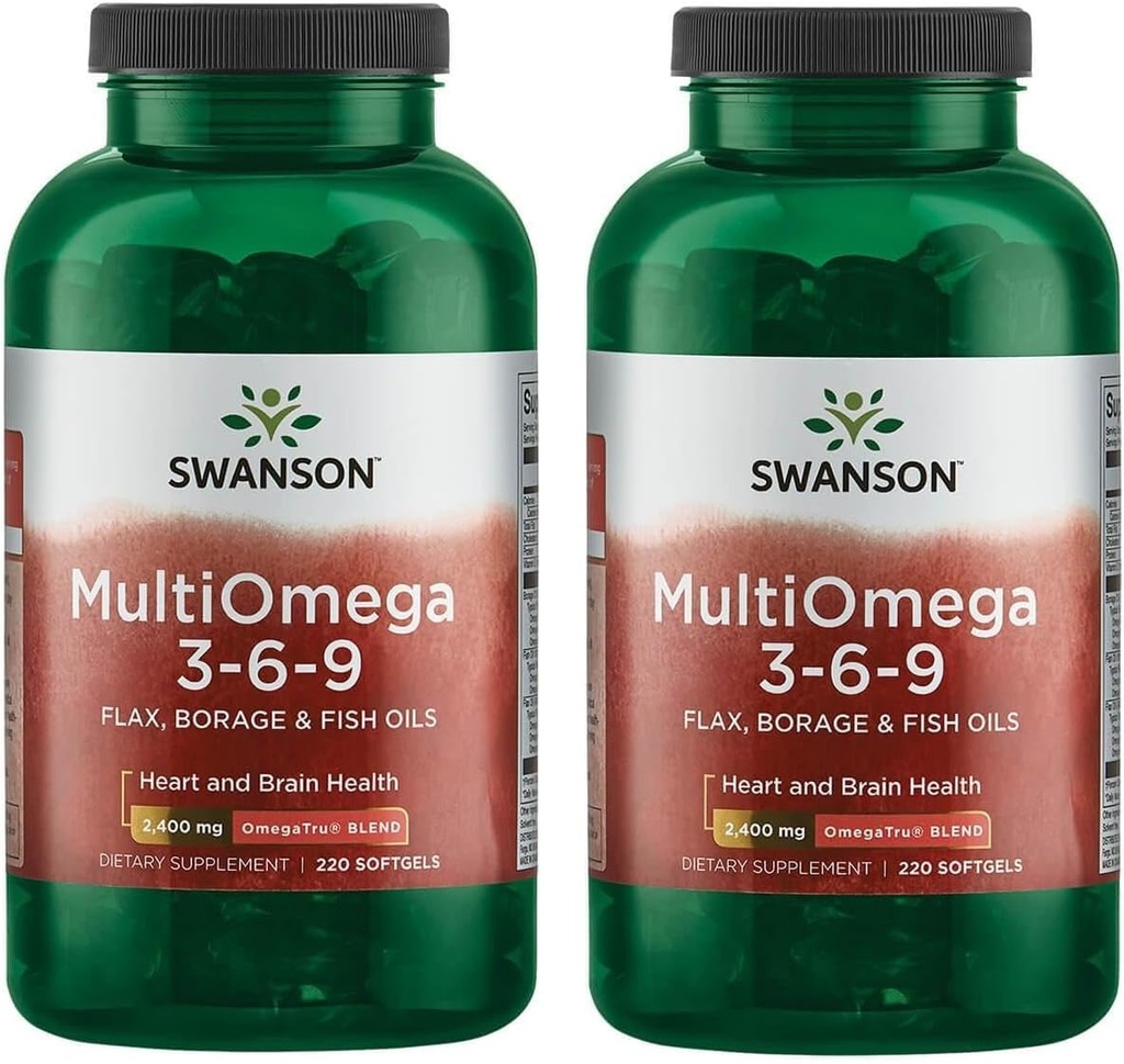 Swanson MultiOmega 3-6-9 - 非GMO Flax, Borage & Fish Oil Capsules - 基本脂肪酸支持心血管健康和脑健康 - (220软胶,2400mg服务) 2瓶