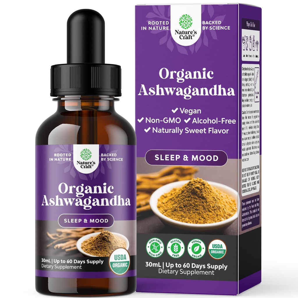 USDA 有机Ashwagandha液体滴 - Ashwagandha 根提取用于压力和泥浆支持 - 美味的纯适应剂滴 - 无酒精草药叮当用于休息 - 30毫升瓶