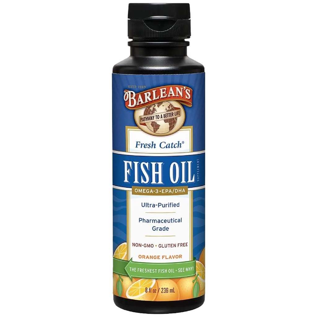 Barlean的Omega 3 鱼油液补充剂,1262mg EPA 和 DHA 脂肪酸,Non-GMO 和 Gluten Free, Orange Flavor, 8 oz