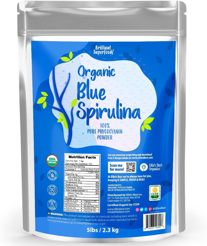 有机蓝螺旋花粉超食品补充剂 - 5LB Bulk - Odorless - Vegan, Non GMO, Gluten - Free, 乳品 - Free, 辉煌的蓝食品色 - 纯水提取