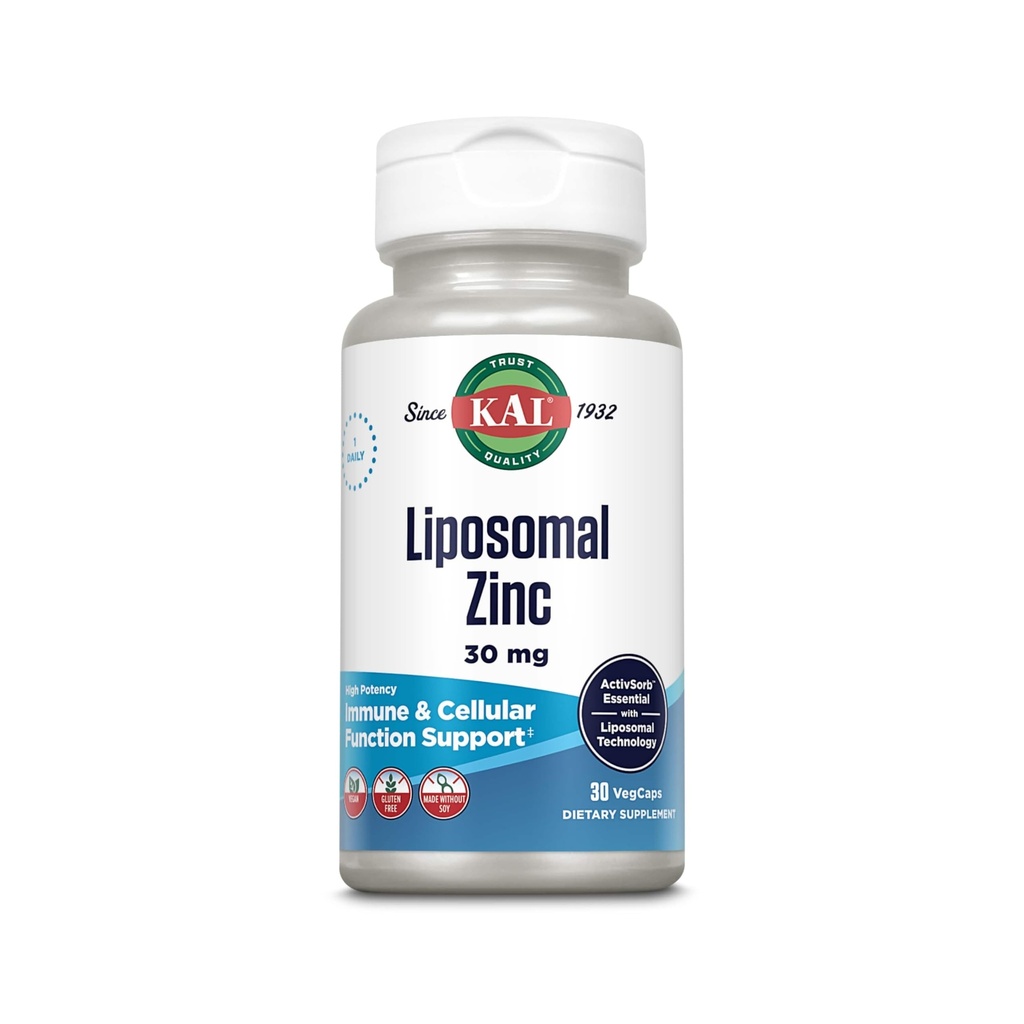 KAL Liposomal Zinc 30mg, 细胞功能和免疫支持补充,强化吸收锌补充, Vegan, Gluten Free, Soy Free, 30 services, 30 Veg Caps
