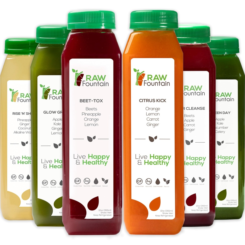 1 日 汁 清 由 Raw Foundain, All Natural Raw Detox cleanse, 汁 用于身体重置, Cold pressed Juice fast, 跳动健康饮食的好方法 6瓶12oz