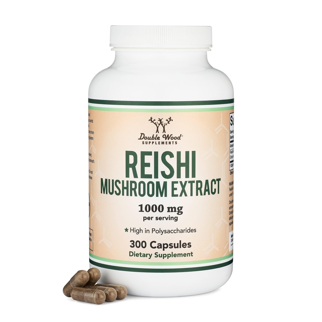 Reishi 蘑菇卡普苏莱斯(4:1 Ganoderma Excert, 1 000mg Red Reishi 粉末服务) 300 Counter, 5个月供应, Potent 蘑菇 Supplement for Imune System Support and Defense by Double Wood