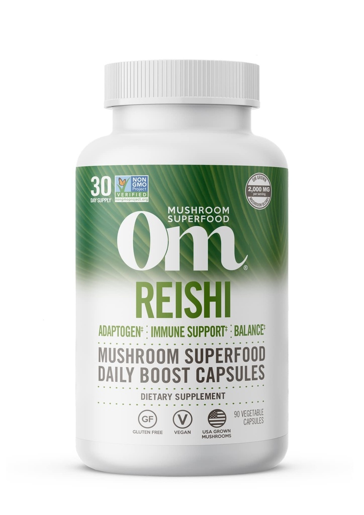 OM MUSHROOM SUPERFOOD Reishi 蘑菇 Capsules Superfood Superfood Superfood Superfood 90 Counters 90 Counters 30天,减轻压力和免疫健康有机适应剂