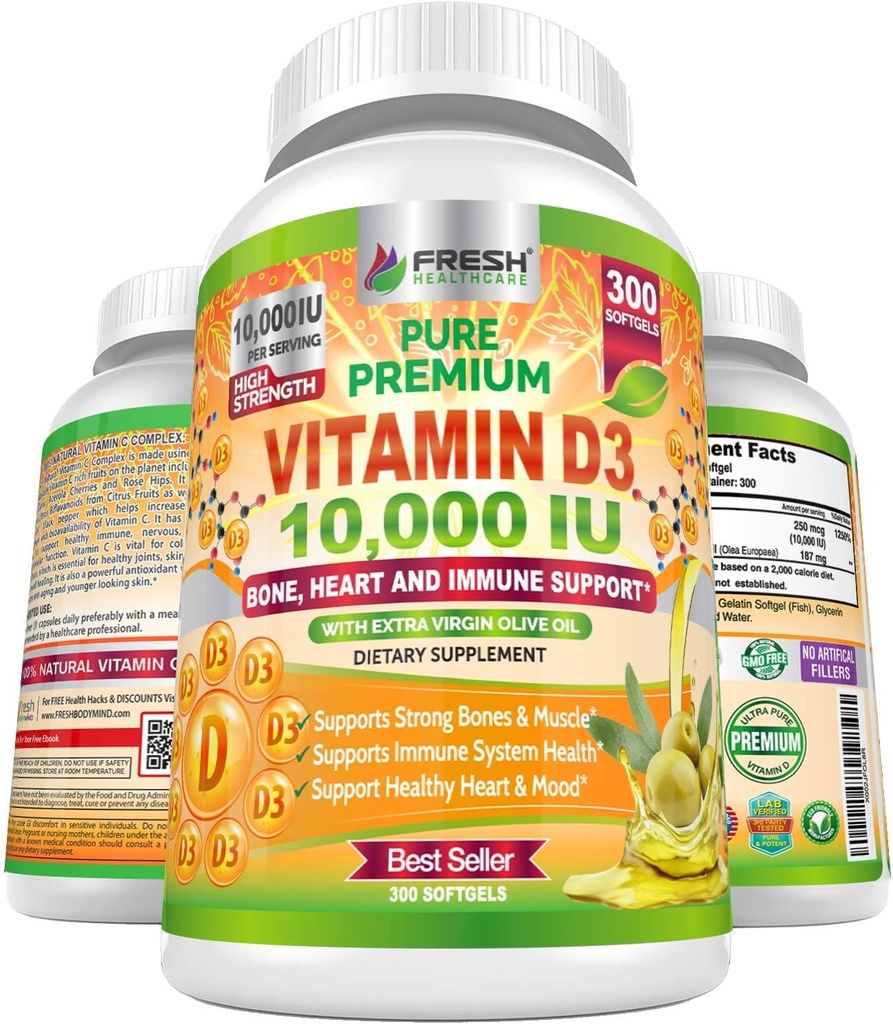新鲜保健 维生素 D3 1000 IU(250mcg),配外维尔京橄榄油 -- -- 免疫支助 -- -- 300软胶,用于联合、骨骼、肌肉和混合保健 -- -- 非GMO维生素D补充剂