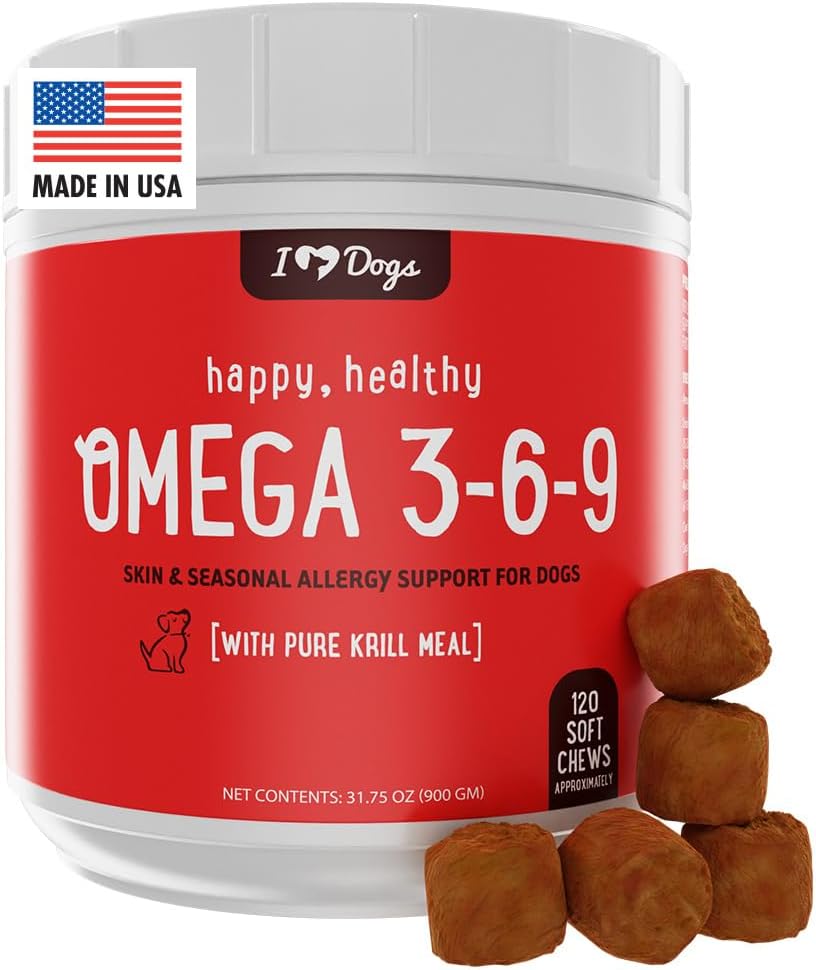 iHeartDogs Omega - 3 - 6 - 9 配有纯南极磷虾油的狗皮和煤鱼油补充剂 - 过敏和Ichy Skin Relief Chews, 120 Count