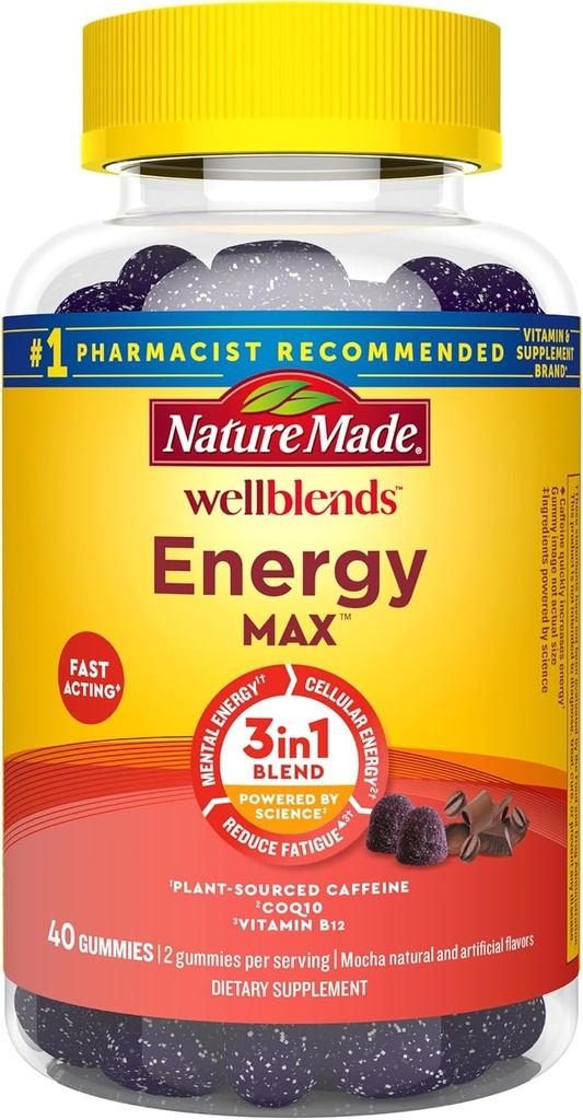Nature Made Wellblends EnergyMAX Gummys,快速代理咖啡因,CoQ10 & Vitamin B12 1000mcg,能源支持Gummy Vitamins,40 Gummys