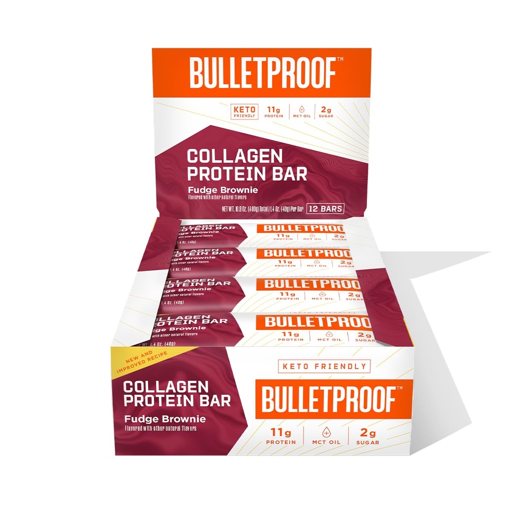 防弹的Fudge Brownie Collagen蛋白棒,包12,Keto-Friendly Snack与MCT Oil,草料Collagen,无添加糖
