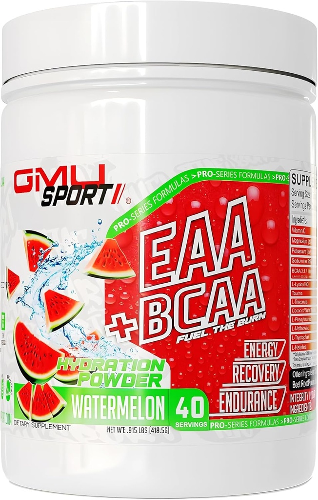 GMU SPORT EAA + BCAA 粉末 - 必需的氨基酸和电解质饮料,水分,男性和女性的恢复 → 肌肉支持饮料 奔跑者 → 无糖氨基 - 40 series - 西瓜