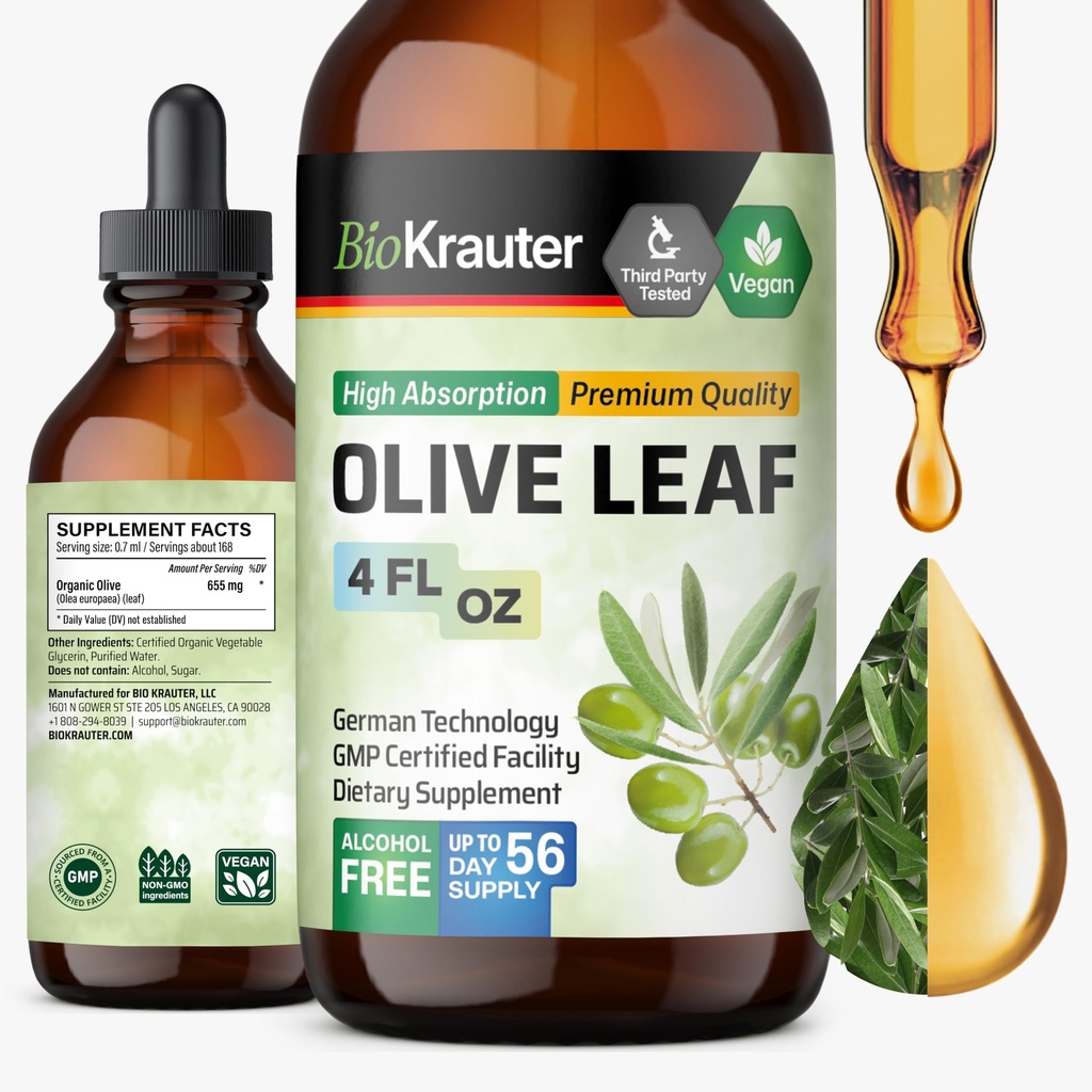 BIO KRAUTER 橄榄叶萃取液 - 橄榄叶叮当用于免疫支持 - 无酒精和糖 - Vegan Drops 4 Fl.Oz.