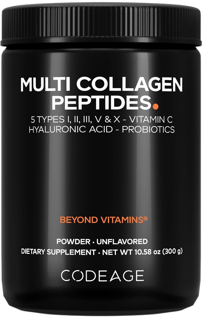 编码 多Collagen Peptides Powder + Probios Black Edition,维生素C,Hyaluronic酸粉补充剂,草药,水解,零碳化物,I型,II型,III型,V型和X型,无味,10.58oz