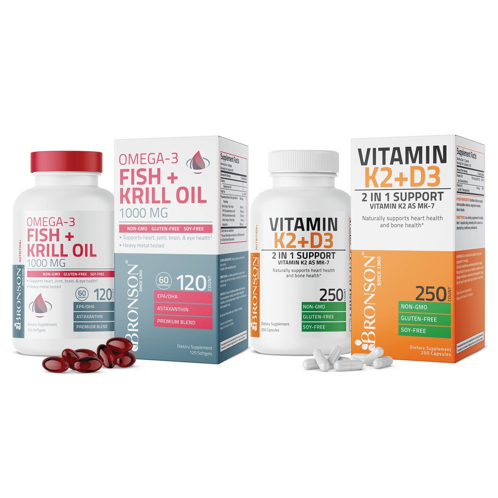Bronson Vitamin K2(MK7),配有D3 Supple Omega-3 Fish + Krill Oil 1000 MG