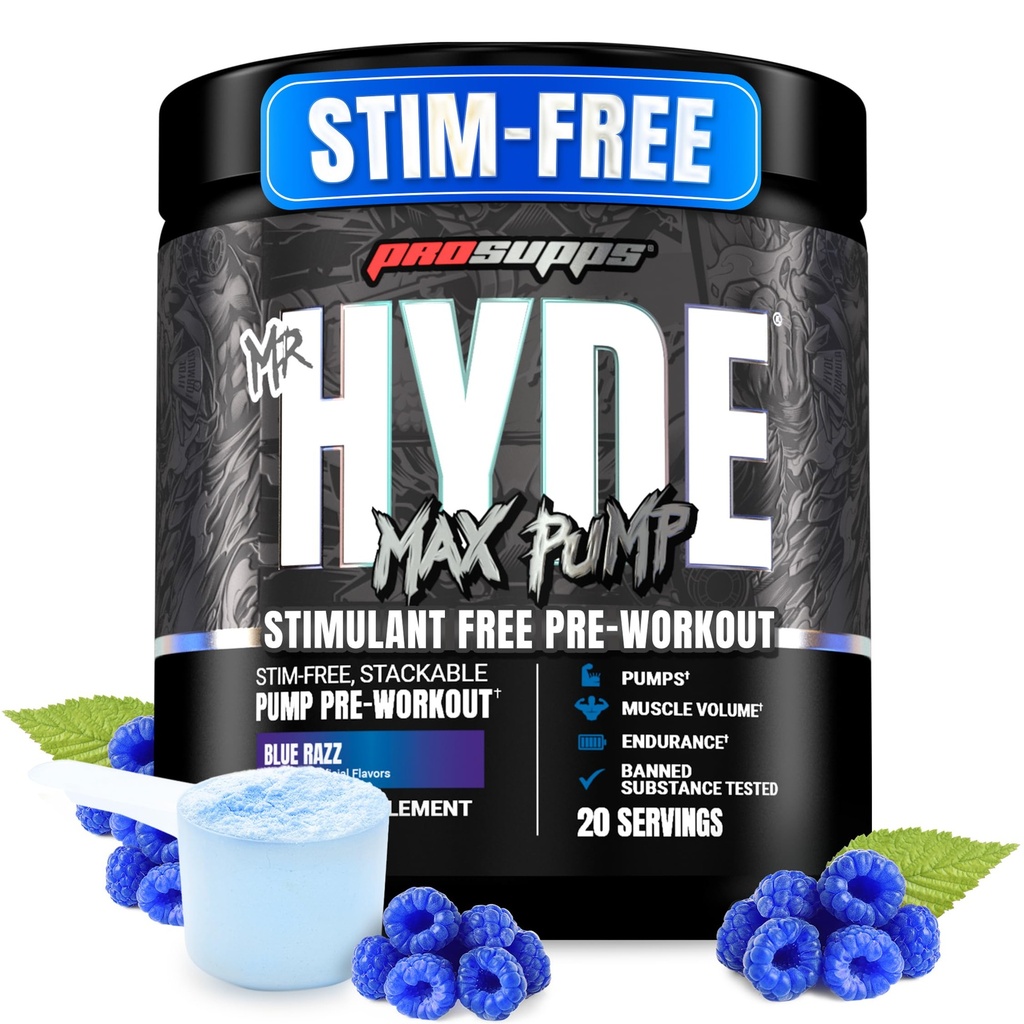 支持Hyde Max Pump Pre Workout Powder先生 -- -- 免刺激前工作支持血液流动、肌肉体积和耐力 -- -- 不含咖啡因的氮氧化物健身和适身补充剂(蓝色Razz,20种服务)