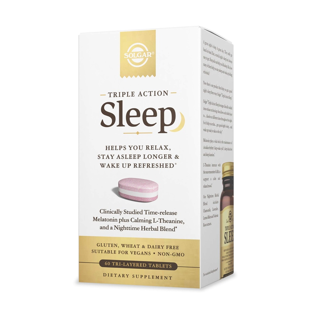 Solgar Triple Action Sleep, 60 Tri-Layer 板块 - 时间释放 Melatonin & L-Thenine Plus 草药混合剂 - 帮助你放松, Fall Asleep Fast & Stay Asleep Longer - 非GMO, Gluten Free - 60 services