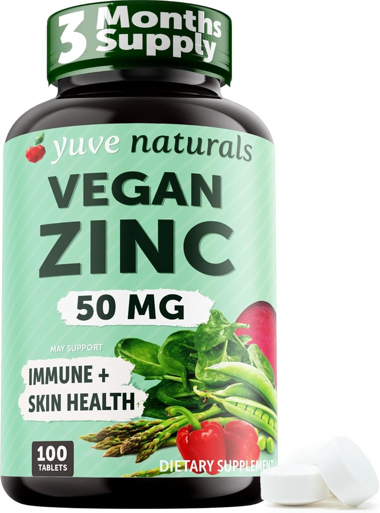 Yuve Naturals Vegan Zinc 50 mg - Immune和皮肤支持的Gluconate锌 - Gluten Free,非转基因生物,植物基 - 100易吞片