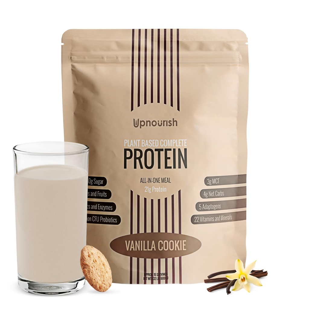 Up Nourish Vanilla Cookie Vegen 蛋白质粉54 超级食品粉,1.5亿 CPU Probiotics 21g 植物基蛋白,无糖无乳品 无GMO 乳品自由, 食品替代 摇摆 Keto-Friendly low-Carb Die,15 服务