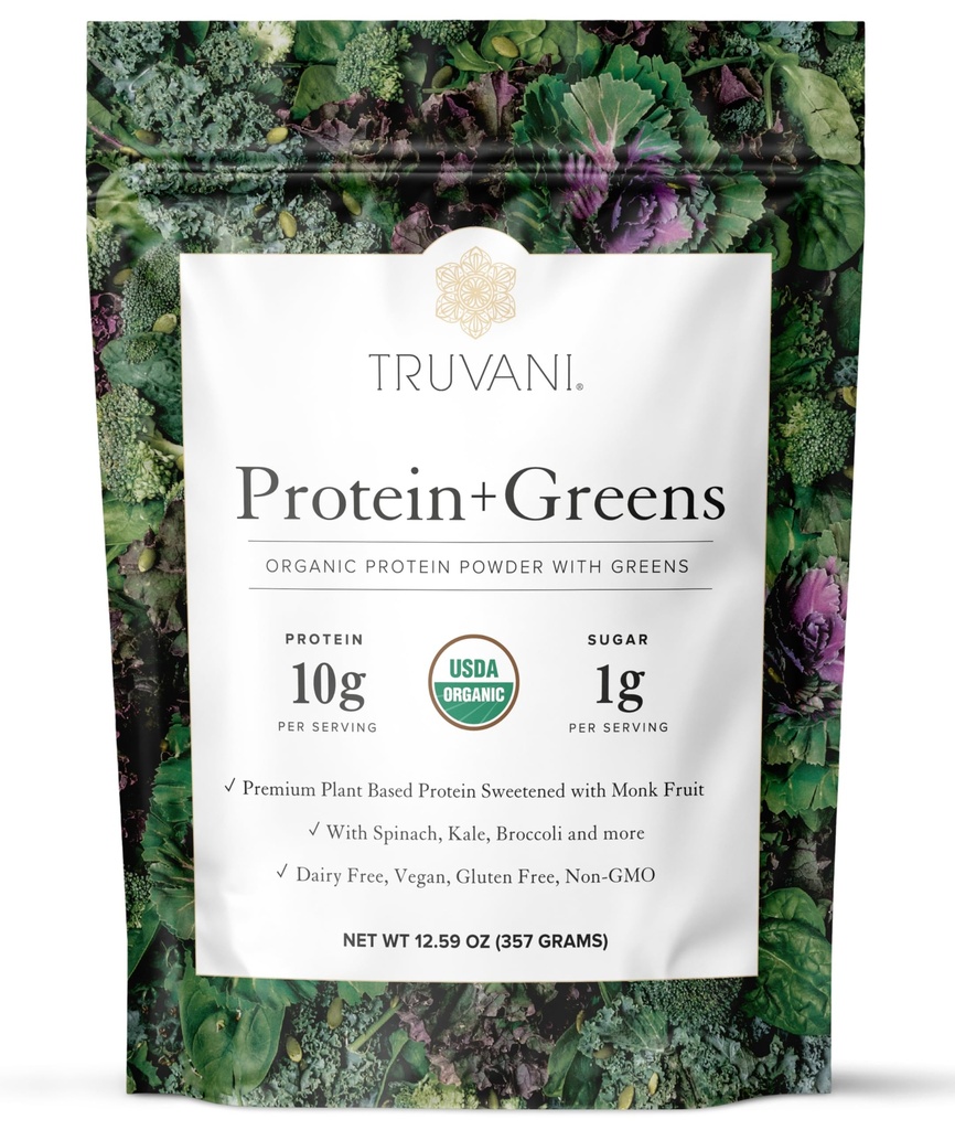 Truvani蛋白 + Greens Supplements + 菠菜 Kale & Broccoli + 10g 有机植物基蛋白 20 服务 → USDA 有机 → Gluten & 奶油 自由 → Vegan → 没有添加的糖
