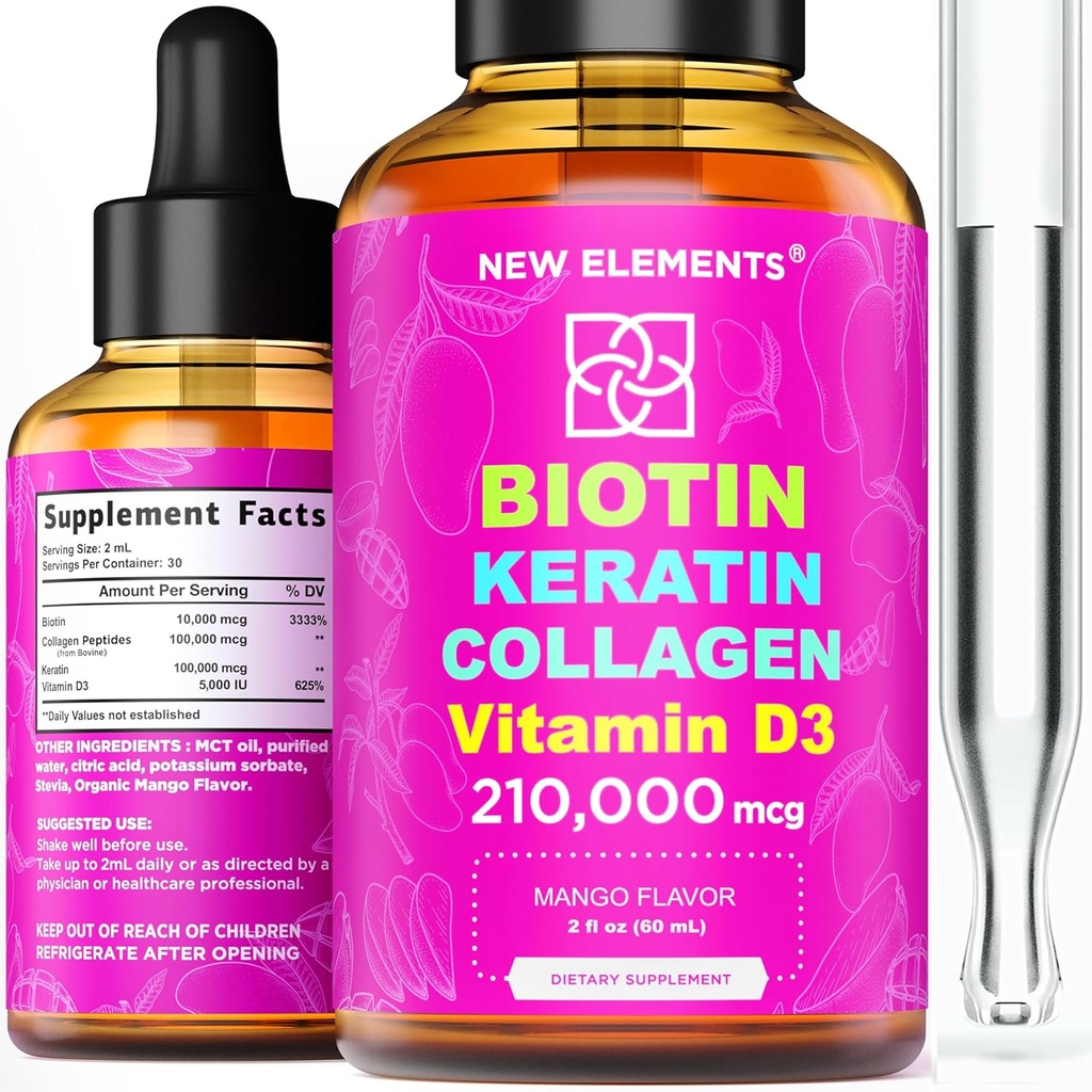 液态生物素 Keratin Collagen Peptides & Vitamin D3 用于毛发生长 MCT 油滴 21万mcg – 毛皮和钉子的强效公式,女性和男性最高级毛发生长补充剂