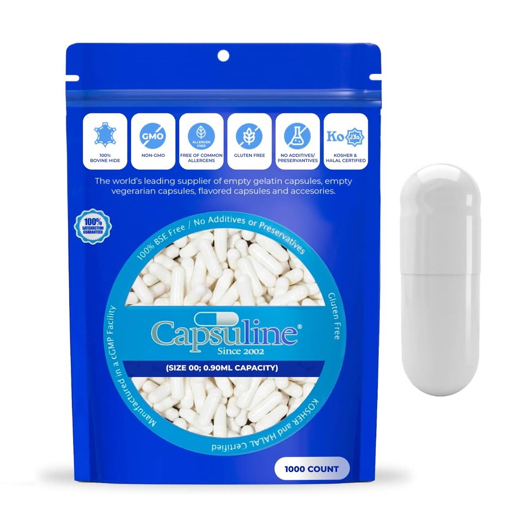 Capsuline 大小 000 - 彩色白色空格莱汀 Capsules - 1000 计数 - 空格莱尔 Pill Capsules - DIY 纯波维纳 Pill Capsule 填充 - 空格莱尔 Cosher和Halal 认证 - 非GMO认证