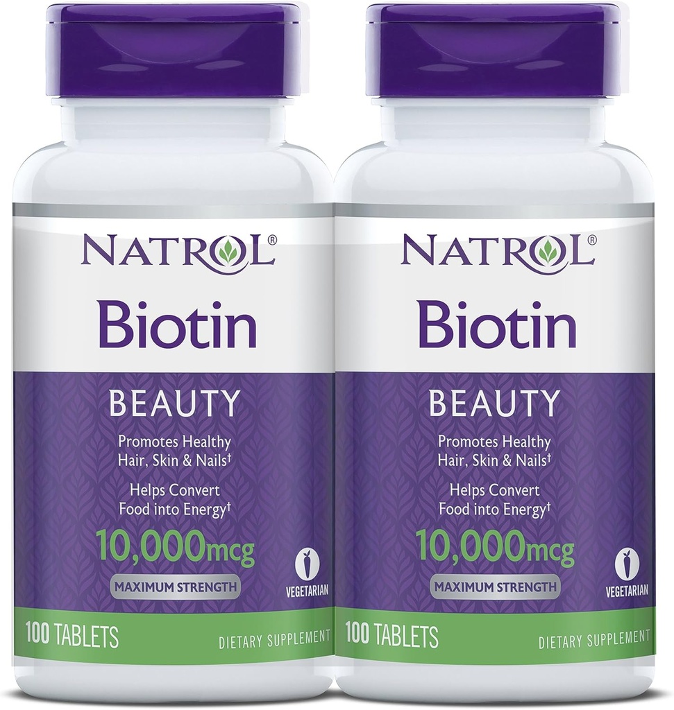 Natrol Biotin Beauty 平板电脑, 推广健康的头发, 皮肤和钉子, 帮助支持能量代谢, 帮助将食物转换成能量, 最大强度, 10,000mcg, 100 Counter (Pack of 2)