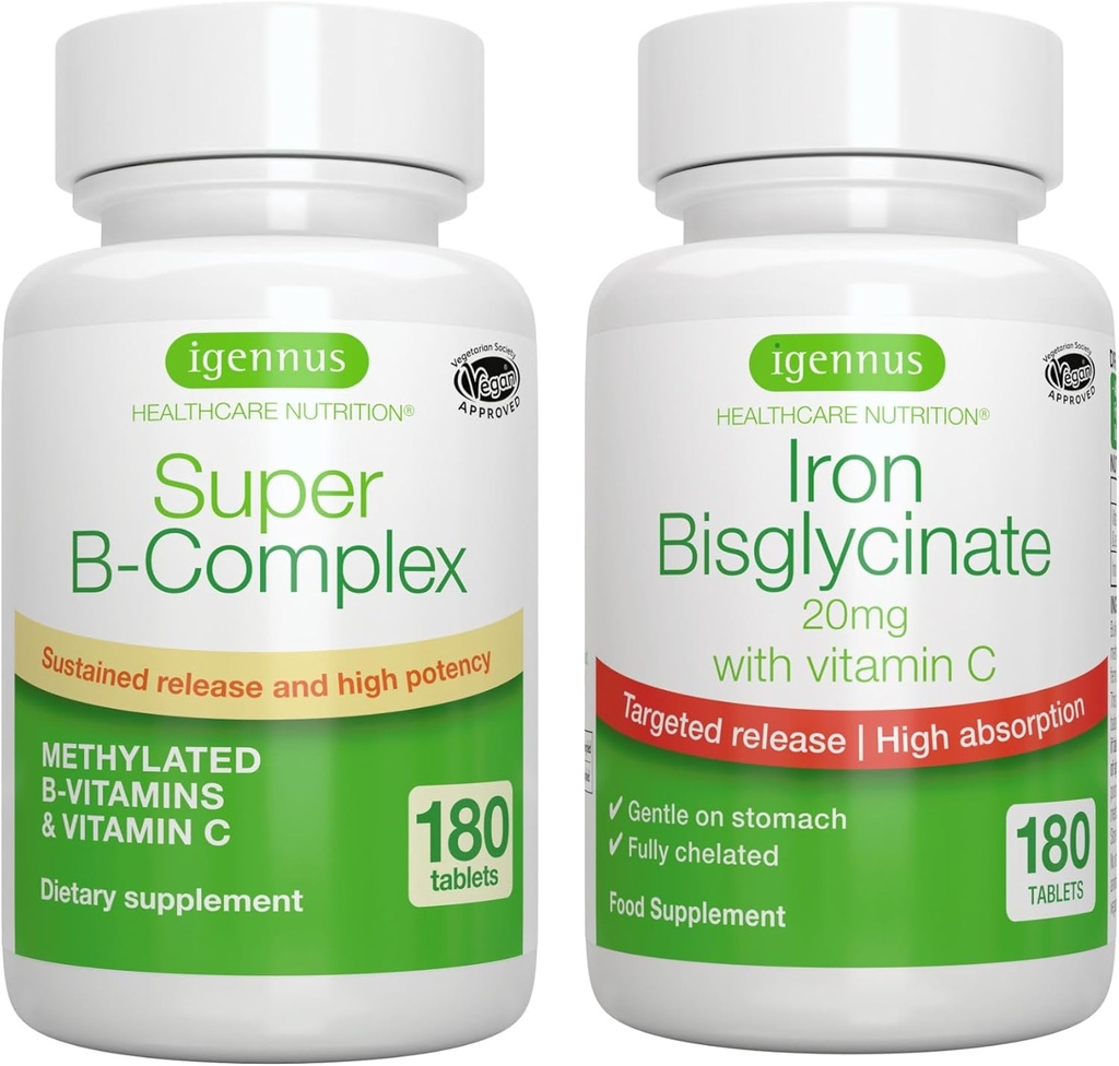 超级B-Complex & 高吸收铁比斯格化20mg 配有维生素C,维根邦德,甲基持续释放 B 复合体 & Gentle One