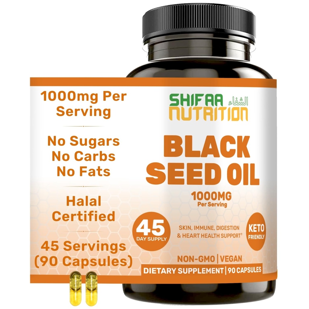 SHIFAA 营养 Halal 黑种子油 1000mg 45 服务 奈杰拉 萨蒂瓦 Kalonji 支持头发 皮肤 联合体 免疫 心脏 文摘