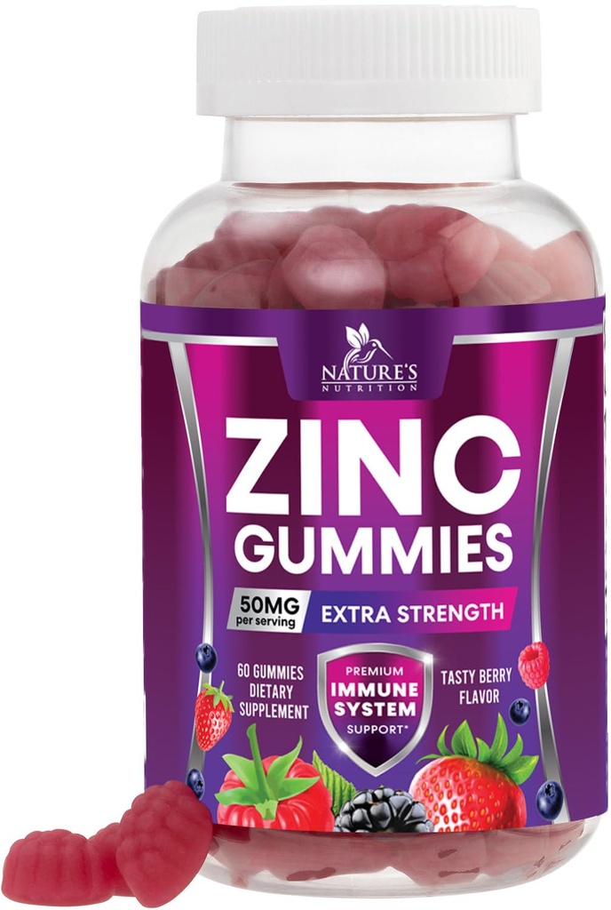 锌类固醇50mg - Bone Skin & Immune支持健康 Gummy & Premium Antioxidant Chewable for adventions - 高吸附性维干,Gluten Free Zinc 补充维生素 - 味道Berry Flavor - 60 Gummys