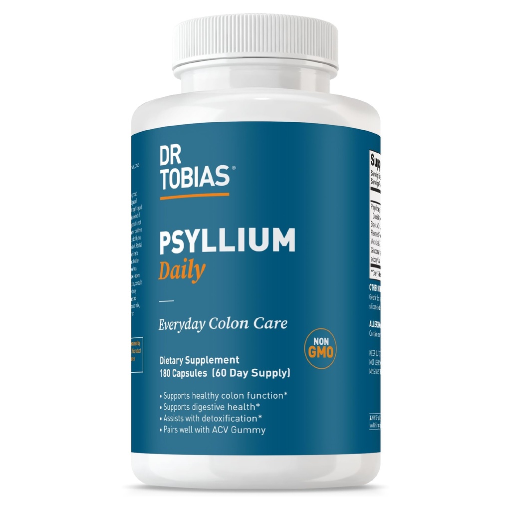 Tobias Psyllium博士日报,支持健康鲍尔运动,Psyllium Husk Capsules 与Bentonite Clay, Flaxseed & Natural Infredients, 支持科隆健康每日纤维补充,180 Capsules