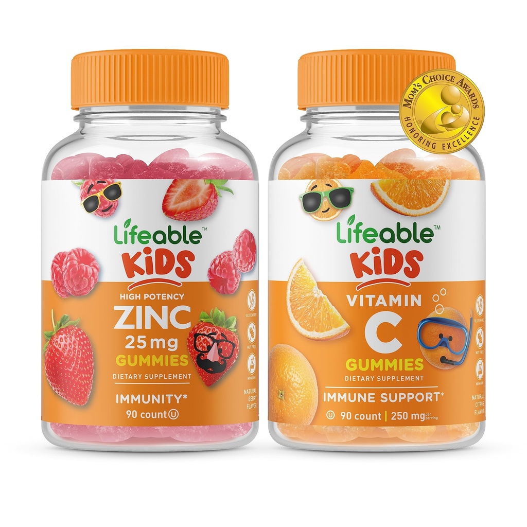 活化锌 25mg 儿童 + 维生素 C 儿童 , Gummys Bundle - Great Tasting, Vitamin 补充 , Gluten Free, GMO Free, Chewable Gummy ).