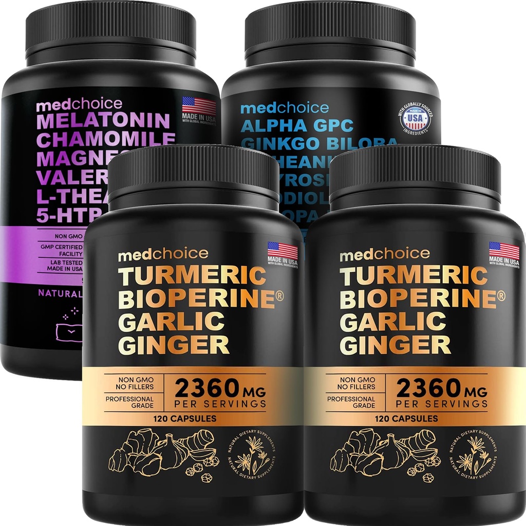 MEDCHOICE Turmeric & Ginger (240ct), Sleep Melatonin (90ct), 和 Nootrotic Brain (60ct) 补充 Bundle - 脑,睡眠,和免疫支持的好感三重奏 - Vegan, Non-GMO, Gluten-Free