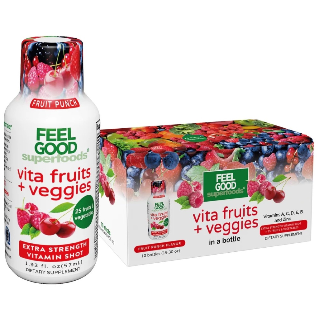 Feel Good Superfoods Vita 水果和蔬菜Immune 支持射击补充品、水果冲刺火焰、10个豁免射击包、Immune系统助推饮料用25个有机水果和蔬菜制作