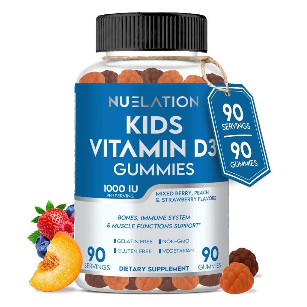Kids Vitamin D Gummys (90 Day Supplement) 儿童维生素D3 (1000IU) 支持 Strucutre,肌肉功能与免疫系统. 美味和蔬菜 水果维生素D